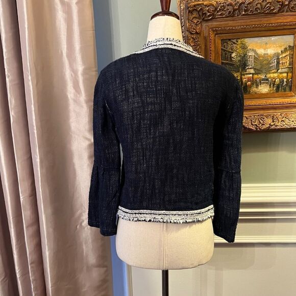 EUC Women's Elie Tahari Navy White Linen Blend Woven Fringe Jacket Size SMALL - Picture 8 of 10
